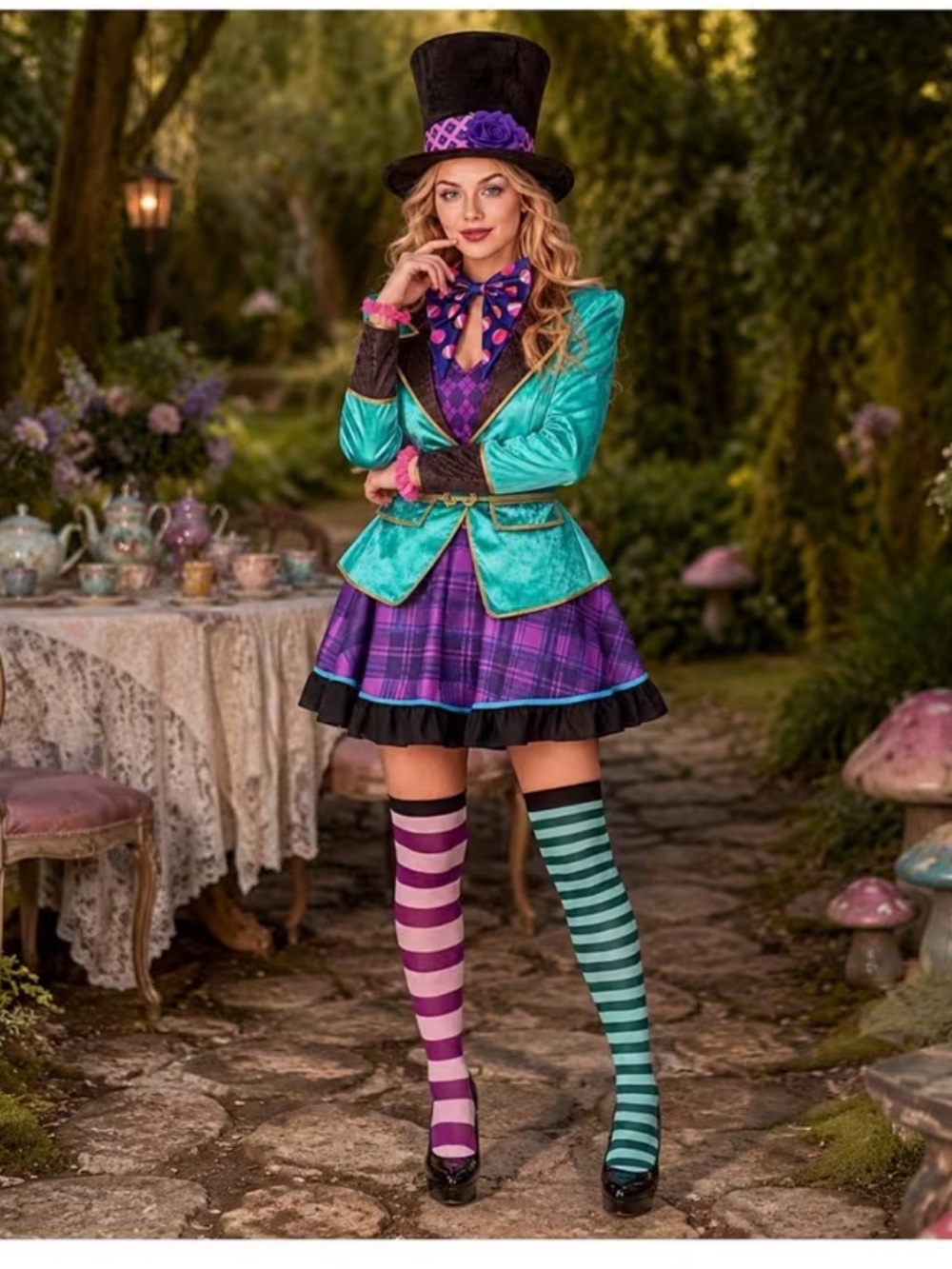 Women’s Turquoise & Purple Striped Costume Hat and Stockings Set